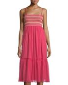 Sleeveless Smocked Top Midi Dress W/ Multicolor Thread-work
