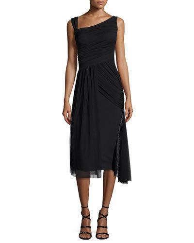 Ester Sleeveless Smocked Jersey & Tulle Dress, Nero