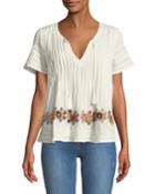 Carley Embroidered Short-sleeve Peasant Top, Cream