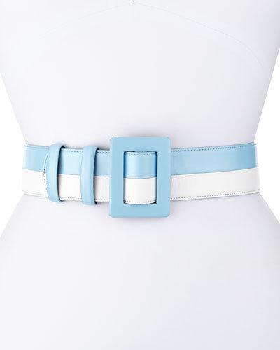 Two-tone Leather Belt, Wedgwood/white