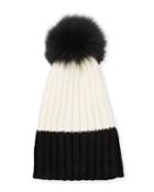 Two-tone Cable Knit Beanie With Fur Pompom