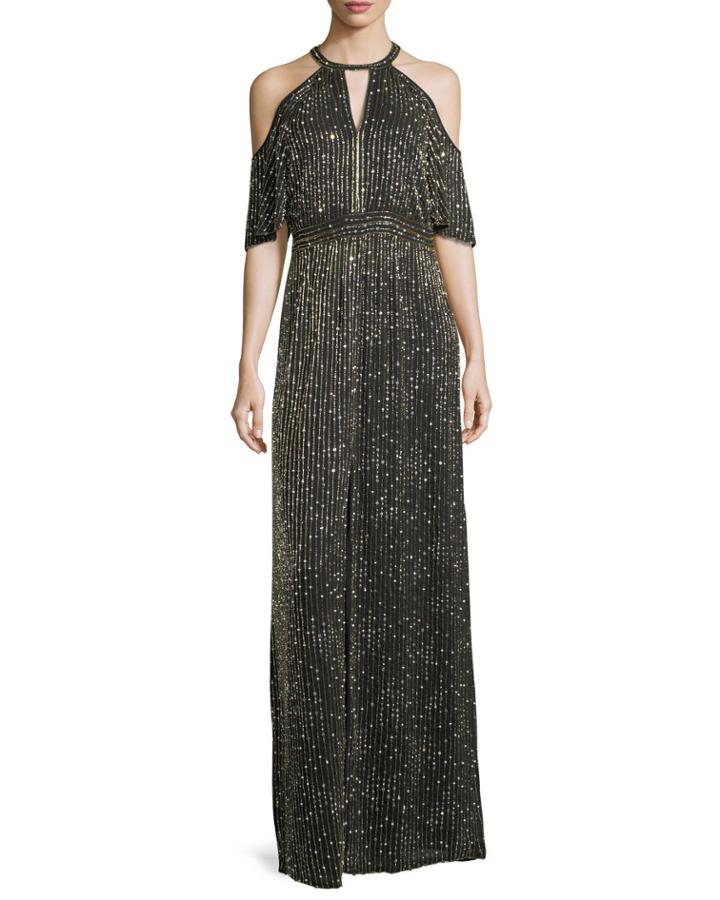 Amy Beaded Cold-shoulder Evening Gown