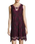 Eyelash-bottom Lace-overlay Dress, Purple