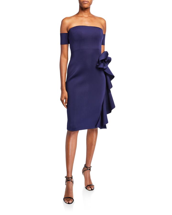 Off-the-shoulder Cocktail Dress W/ Cascading Hip Flower