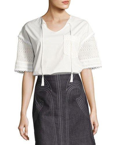 Short-sleeve Poplin & Crochet Top, White