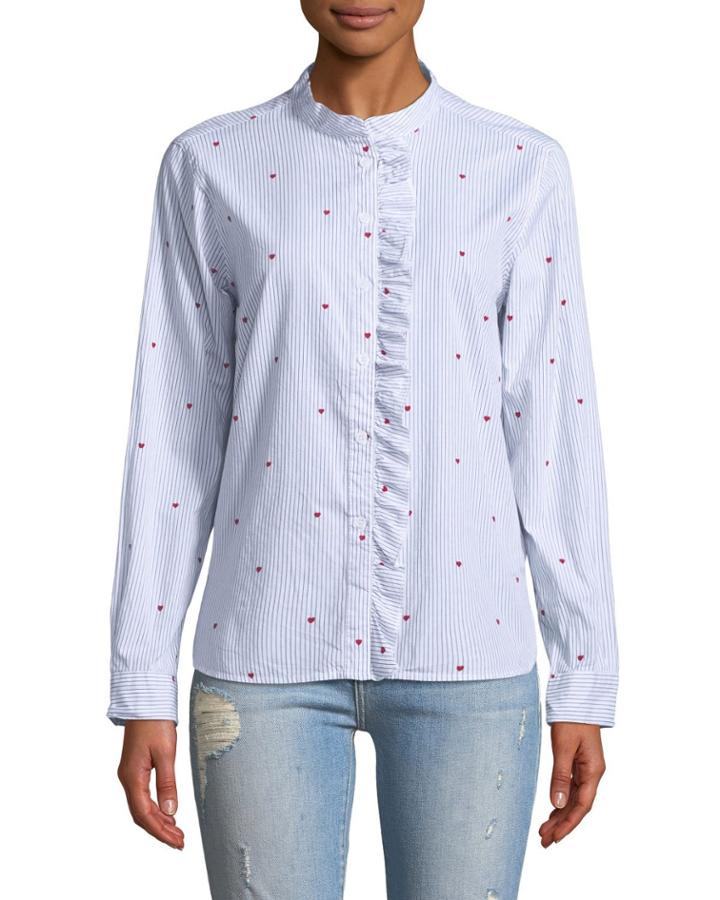 Aliyah Heart Embroidery Ruffle-front Button-down