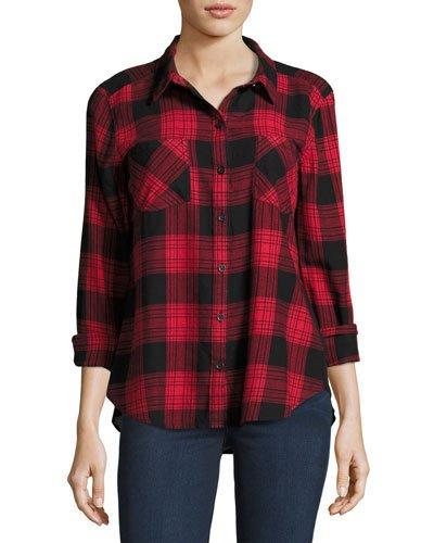 Elyse Fringe-hem Plaid Blouse, Red