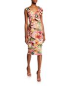 Floral-print V-neck Sleeveless Asymmetric Ruffle Dress