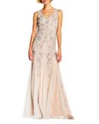 Beaded-mesh V-neck Evening Gown, Ivory