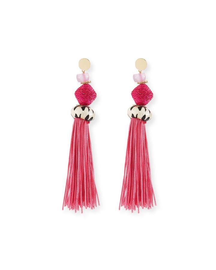 Bone & Raffia Fringe Drop Earrings, Pink