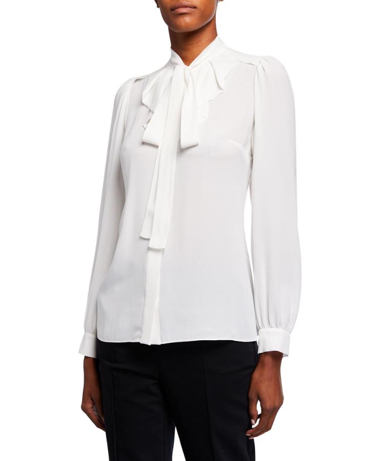 Button-down Tie-neck Silk Georgette Blouse