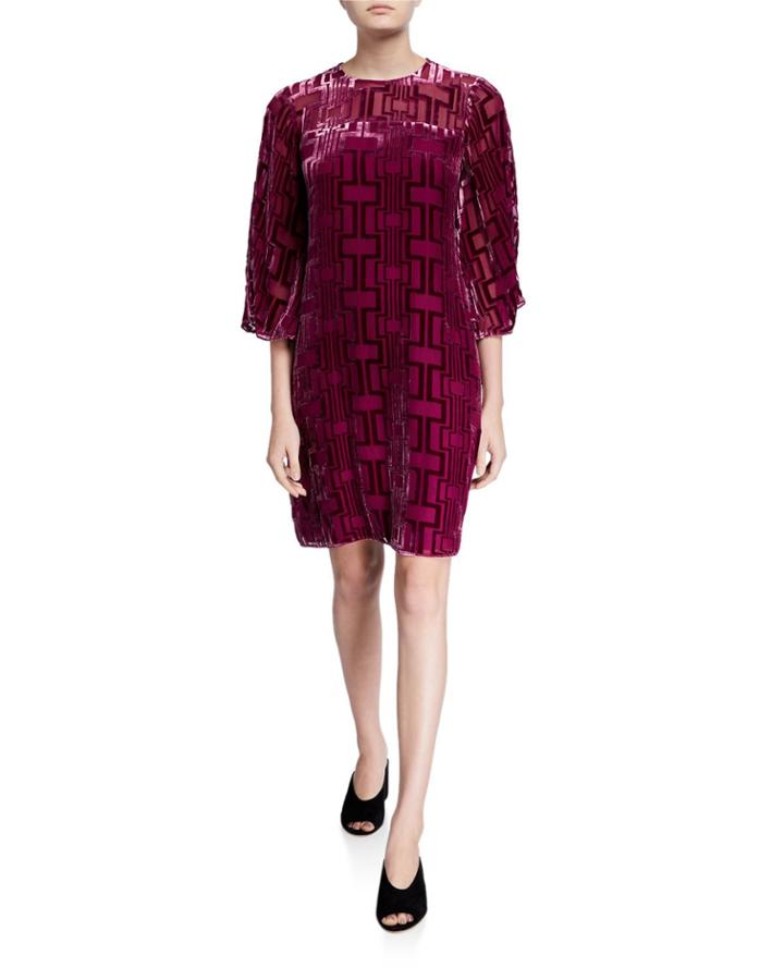Burnout Velvet Shift Dress With Illusion Neckline