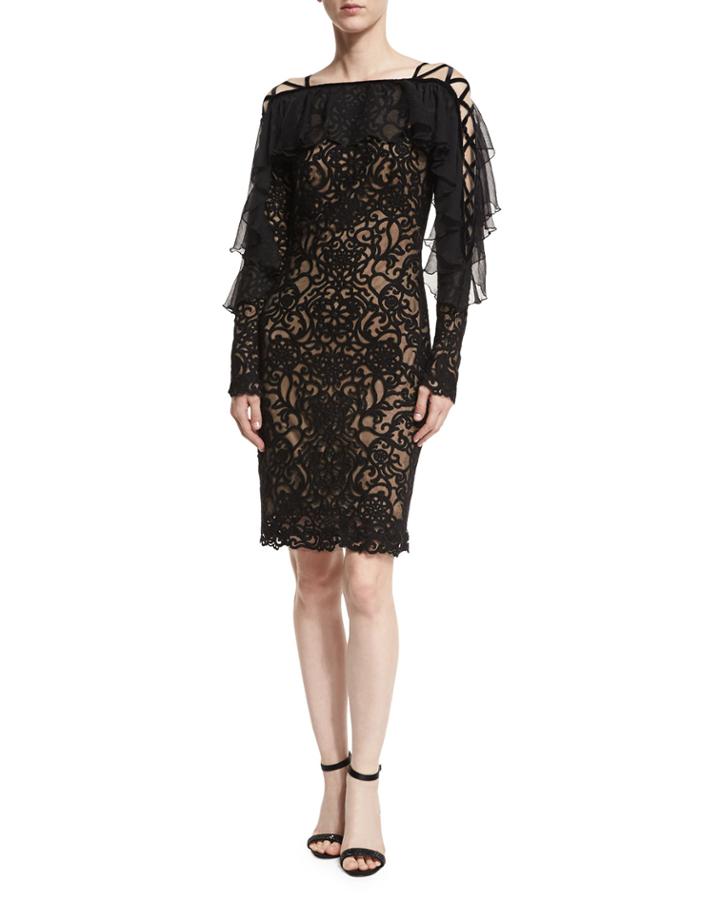 Lace-up Sleeve Embroidered Cocktail Dress W/ Ruffle Popover