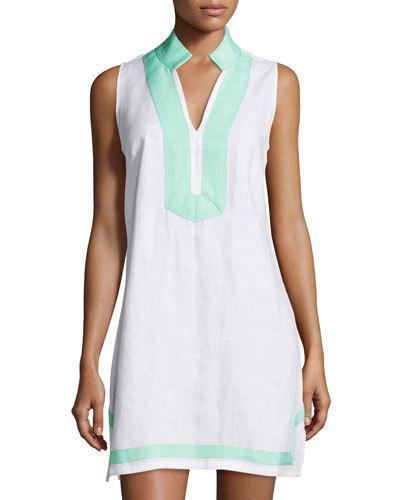 Classic Linen Sleeveless Dress, White/cabbage