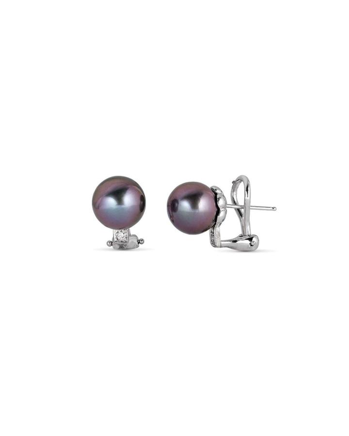 14k White Gold Elegant Tahitian Pearl Huggie Earrings W/ Diamonds
