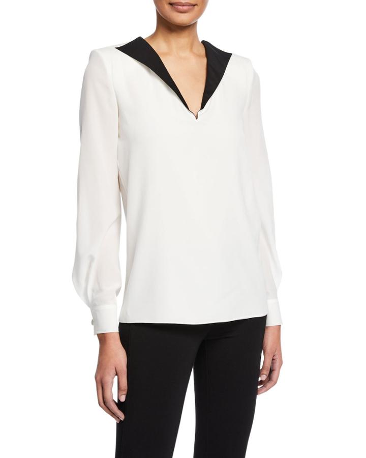 Long-sleeve Bicolor V-neck Crepe De Chine