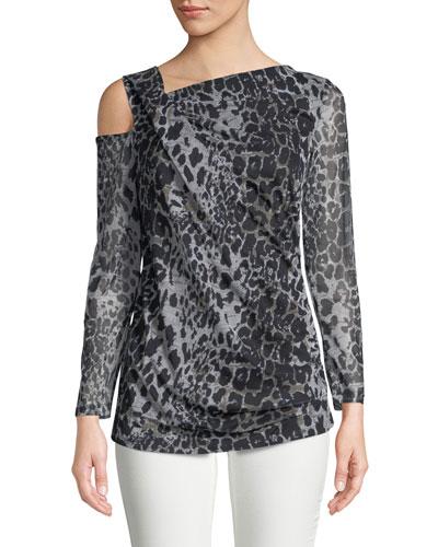 Asymmetric Gathered Mesh-sleeve Blouse