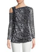 Asymmetric Gathered Mesh-sleeve Blouse