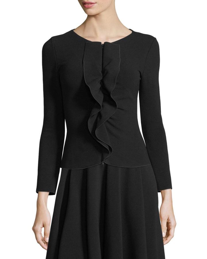 Zip-front Knit Jacket With Ruffle Frill