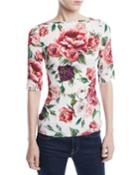 Elbow-sleeve Rose Peony-print Fitted Charmeuse Blouse