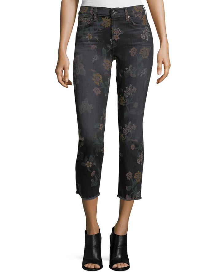Roxanne Floral-print Skinny Ankle Jeans W/ Raw Hem