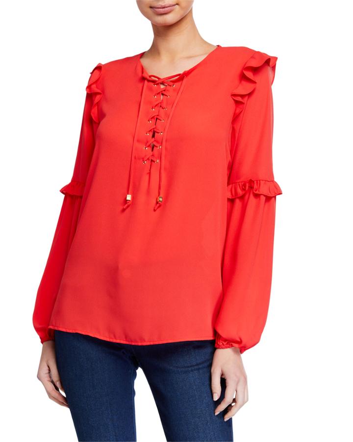 Long-sleeve Lace-up Ruffle-trim Peasant Blouse