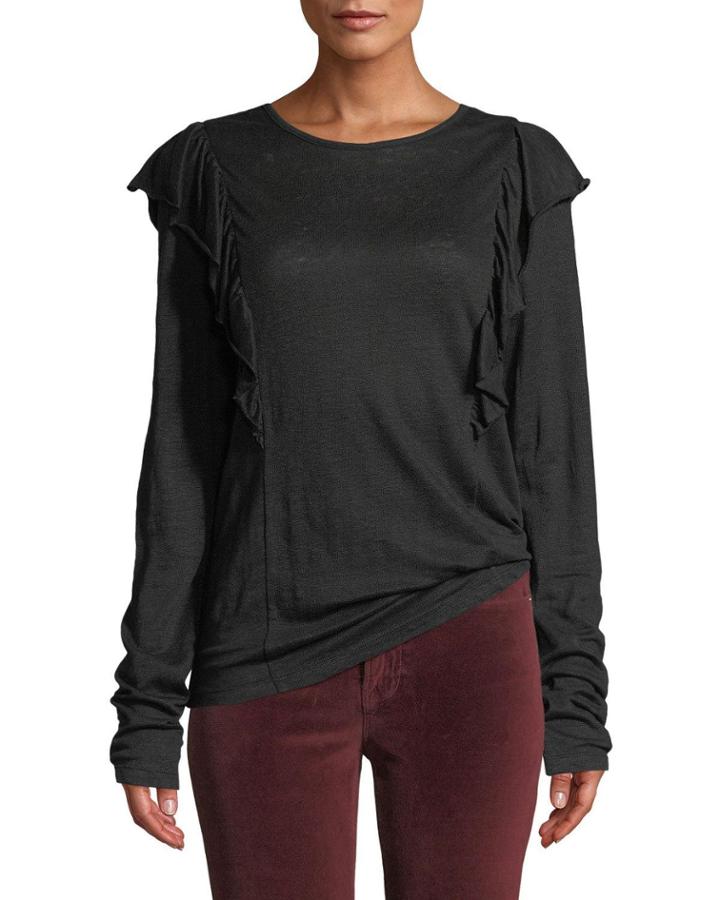 Linen Ruffle Long-sleeve Crewneck Top