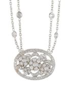 18k White Gold Medium Diamond Pave Oval Flower Pendant Necklace