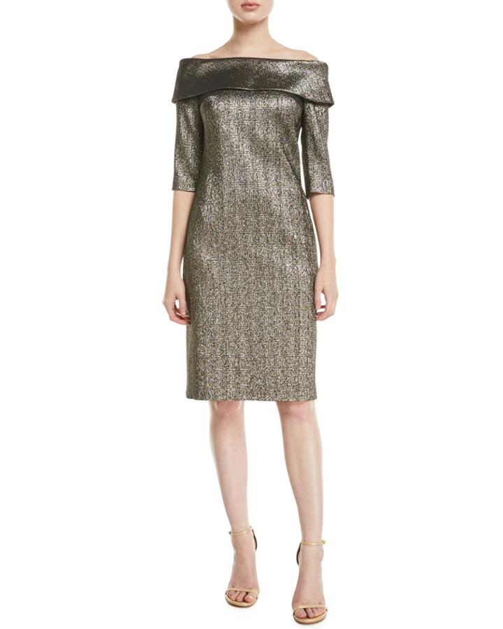 Off-the-shoulder 3/4-sleeve Metallic Jacquard Dress
