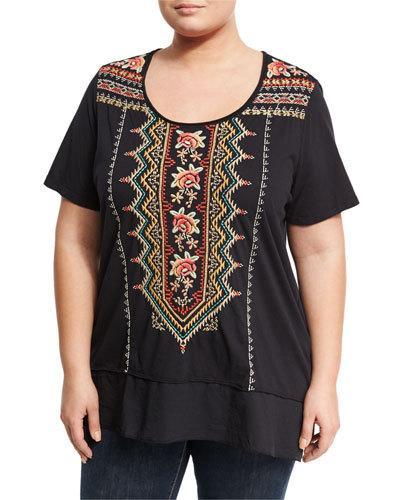 Embroidered Flounce Tee, Black,