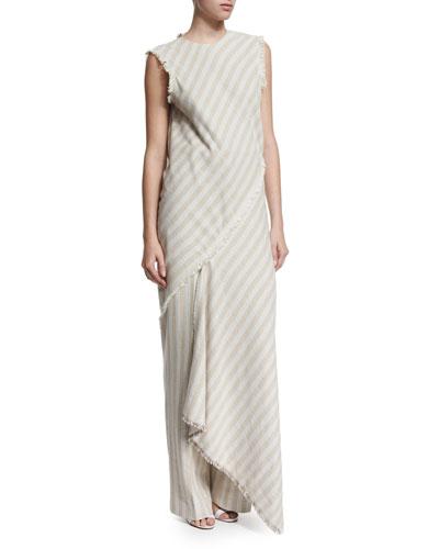 Sleeveless Striped Slash-back Dress, Natural