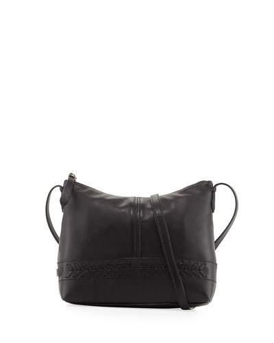 Lacey Herringbone-woven Trim Leather Crossbody Bag, Black