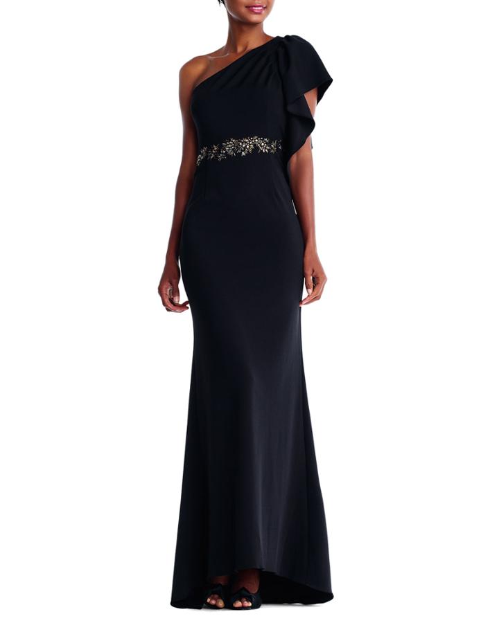 One-shoulder Belted Crepe Gown