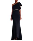 One-shoulder Belted Crepe Gown