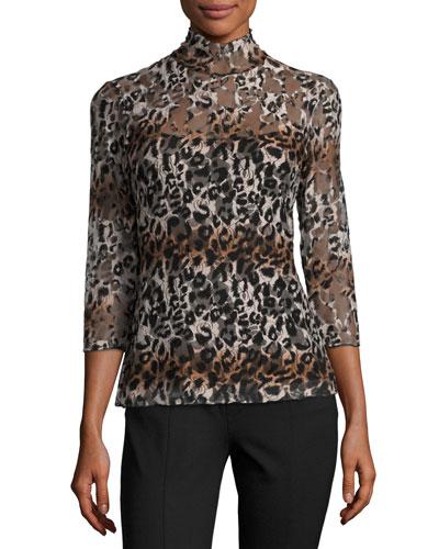 Leopard-print Lace Mock-neck Top, Black