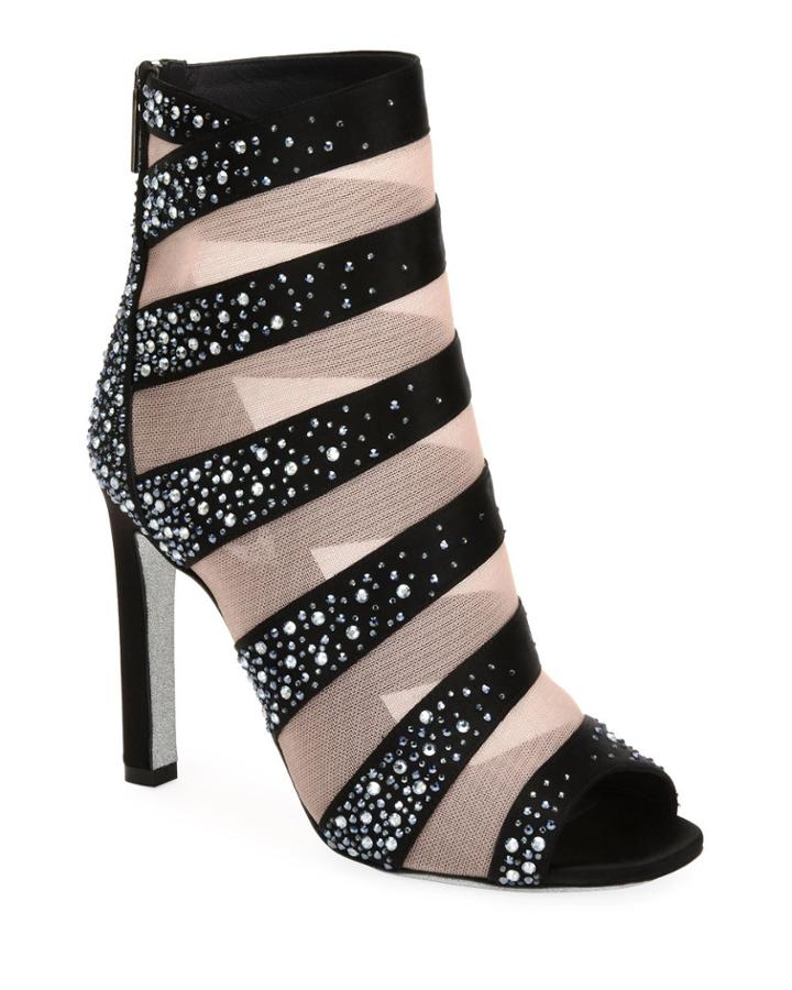 Striped Mesh Crystal-trimmed Open-toe Booties