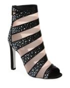 Striped Mesh Crystal-trimmed Open-toe Booties