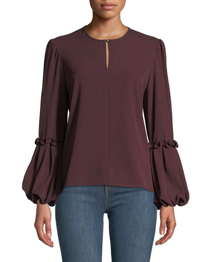 Ruffle Balloon-sleeve Keyhole Blouse