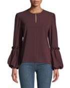 Ruffle Balloon-sleeve Keyhole Blouse