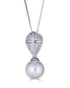 Elegant 14k White Gold Diamond-shield Pearl Pendant Necklace