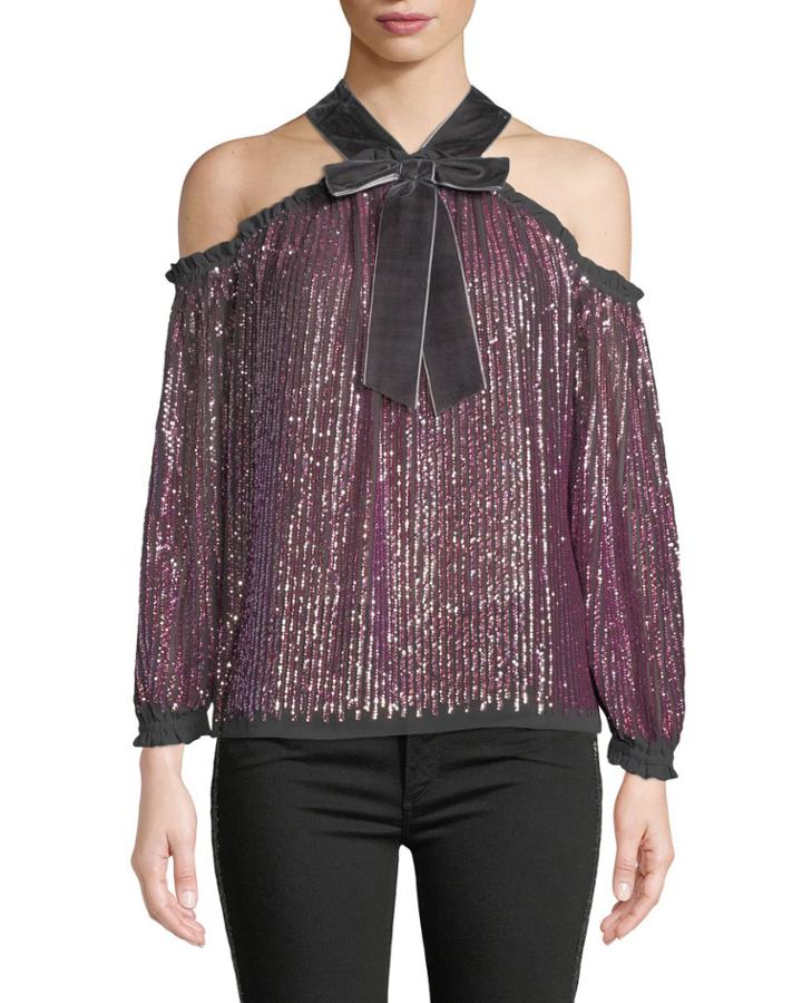 Kaleidoscope Sequin Velvet Cold-shoulder Top