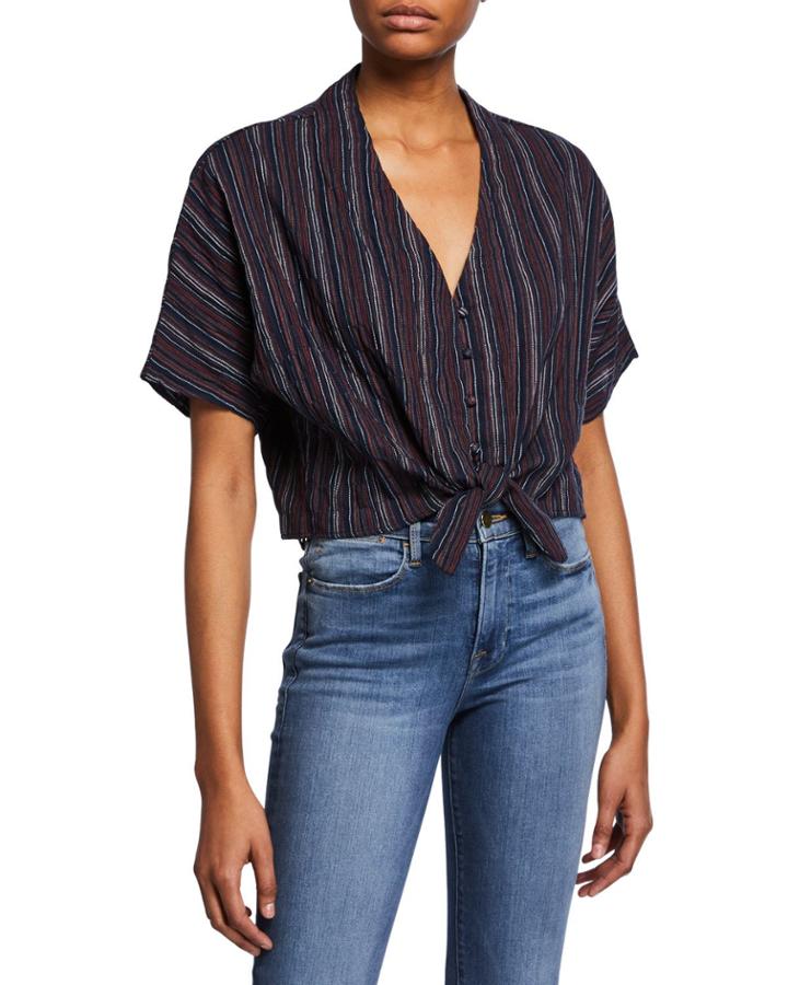 Tie-front Button-down Striped Kimono Blouse