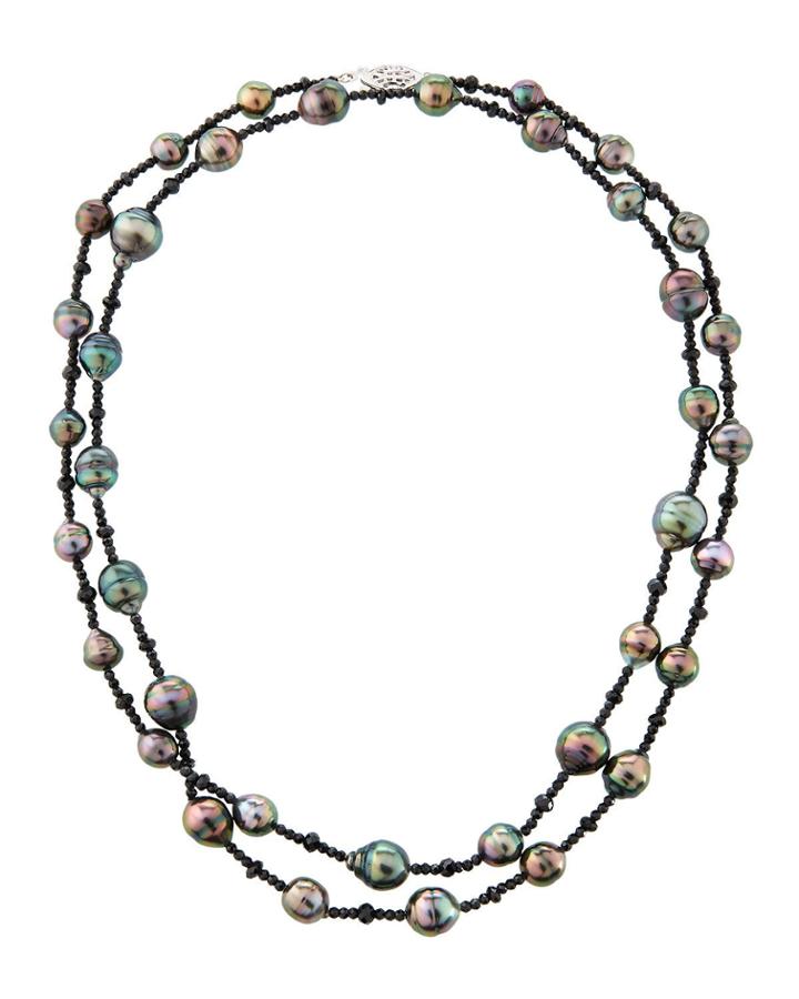 14k Long Pearl & Spinel Beaded Necklace,