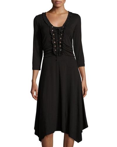 3/4-sleeve V-neck Lace-up Dress, Black