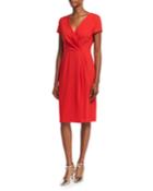 Faux-wrap Crepe Short-sleeve Dress, Acrylic Red