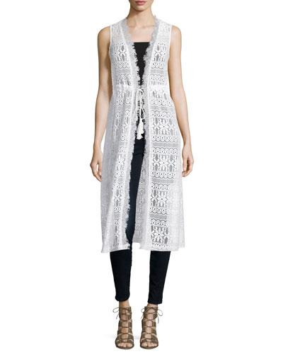 Long Lace Vest W/tie Waist, White