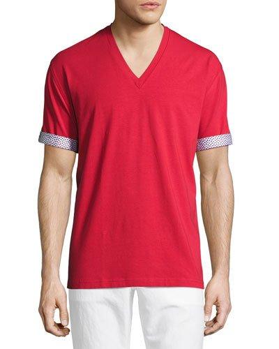 Contrast-trim V-neck Tee, Burgundy