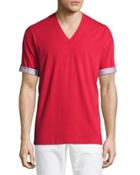 Contrast-trim V-neck Tee, Burgundy