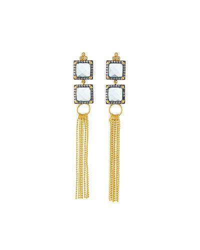 Pave Square Aqua Crystal Tassel Drop Earrings