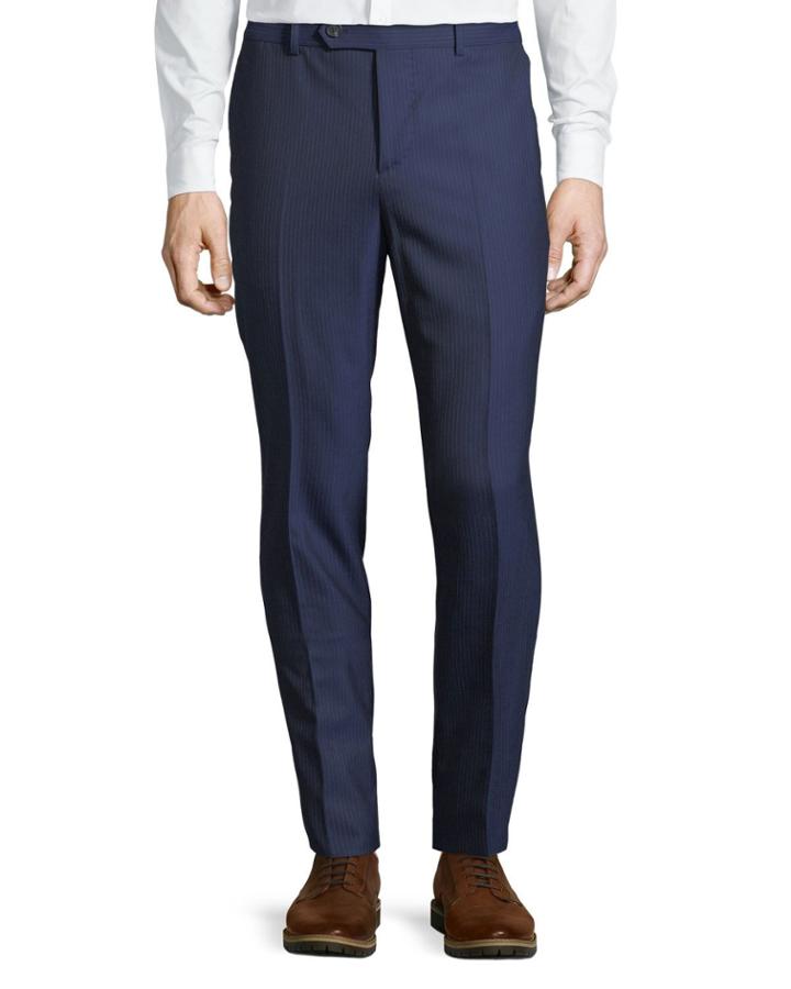 Men's Regular-fit Pinstriped Wool Trouser Pants, Navy